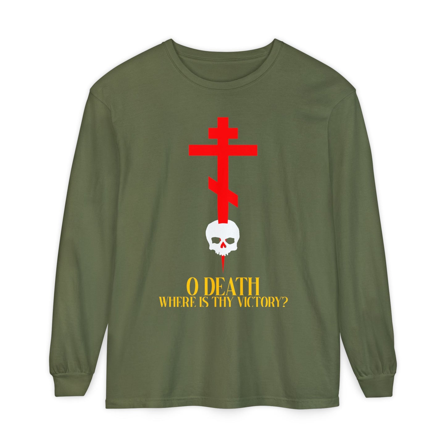 Hemp long-sleeve shirt features a red cross stabbing a white skull with yellow “O Death Where is Thy Victory?” text (1 Corinthians 15:55). Inspired by Resurrection hope; Orthodox Christian design.