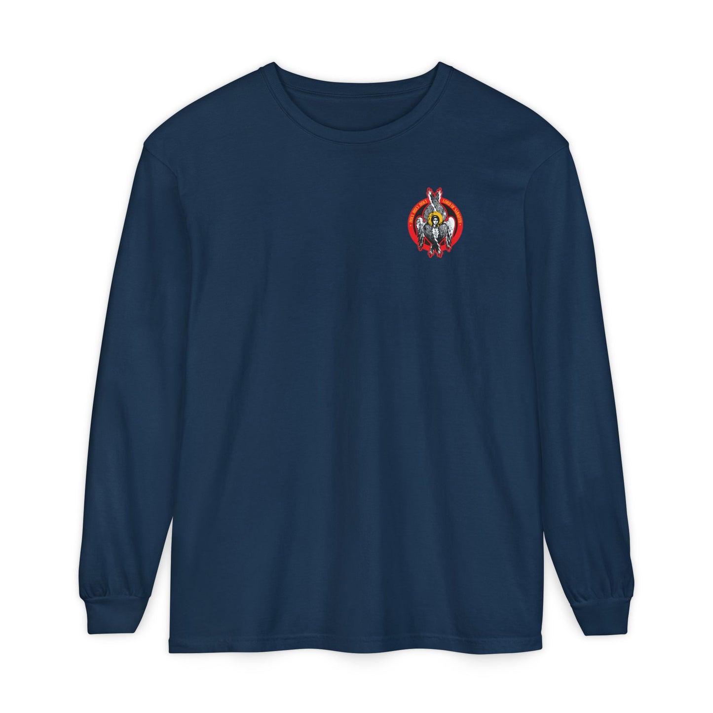 True Navy long sleeve cotton shirt featuring the Holy Holy Holy Seraphim Angel Icono-Graphic (small design) on the left chest. Part of the Heavenly Hosts of God Divine Council collection.