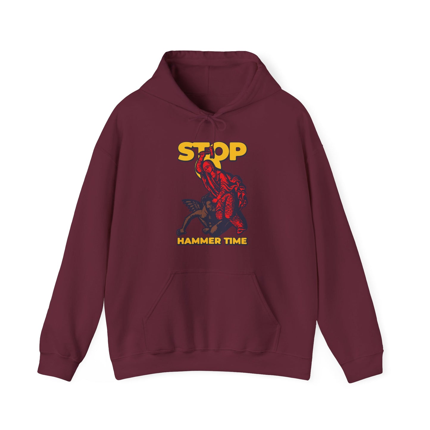 Red, blue, and yellow Christian hoodie featuring "Stop, Hammer Time" and a cartoon Saint Marina of Antioch beating the devil with a hammer. Modern Orthodox meme style.