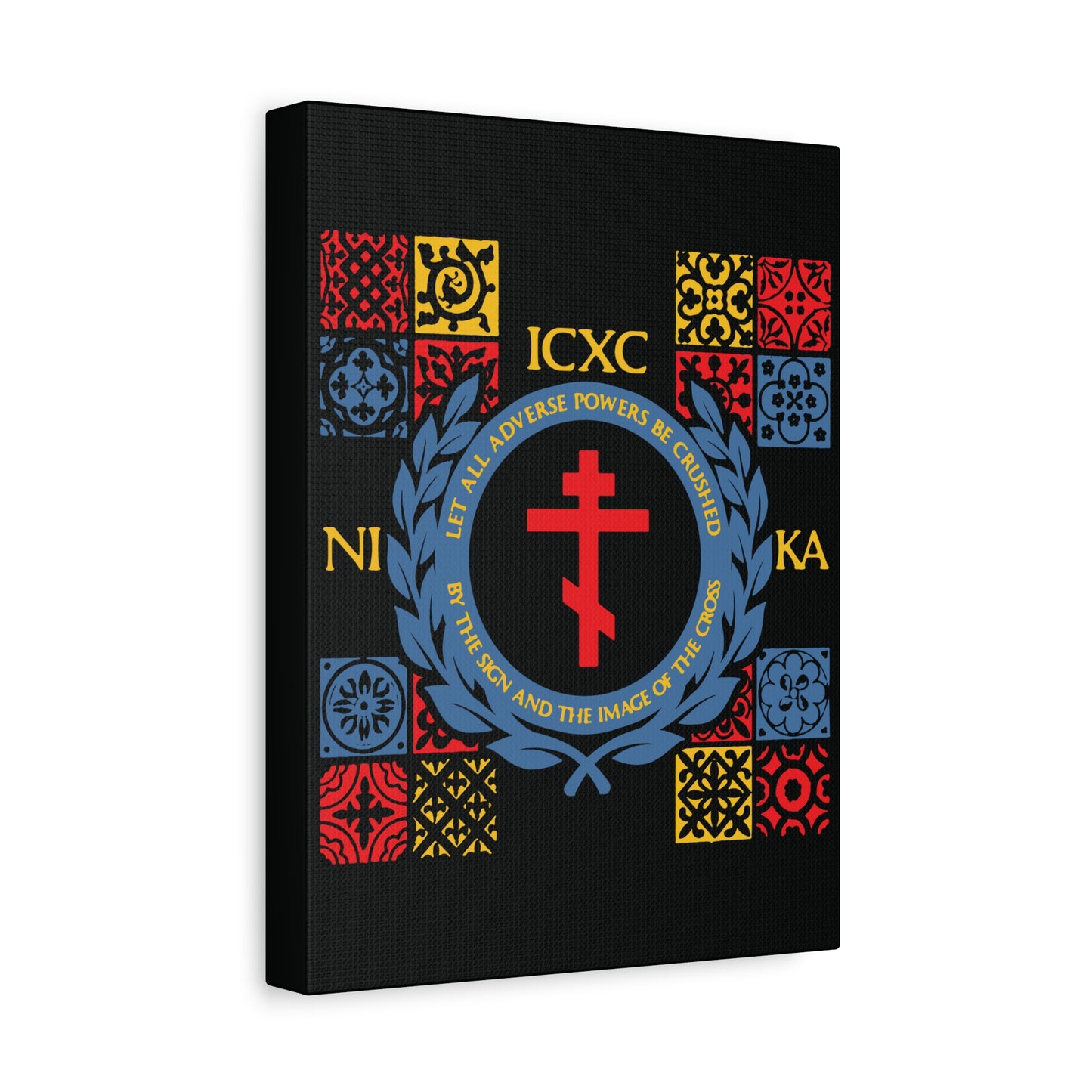 Let All Adverse Powers Be Crushed (Red, Yellow & Blue Design) | ICXC NIKA | Medieval Tile Design | Orthodox Christian Canvas Art