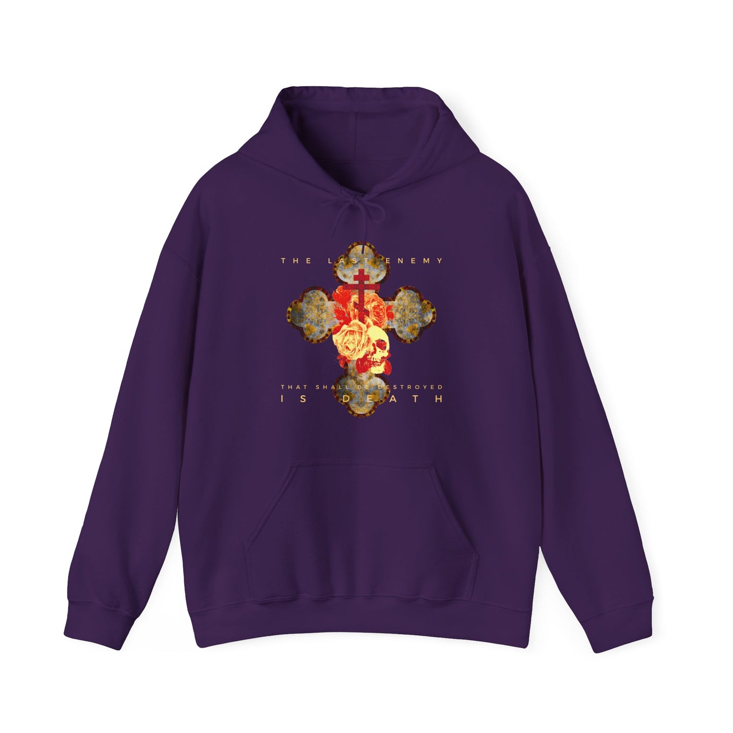 The Final Enemy That Shall Be Destroyed Is Death (1 Cor 15:26) | Metallic Gothic Cross with Rose and Skull | Orthodox Christian Hoodie