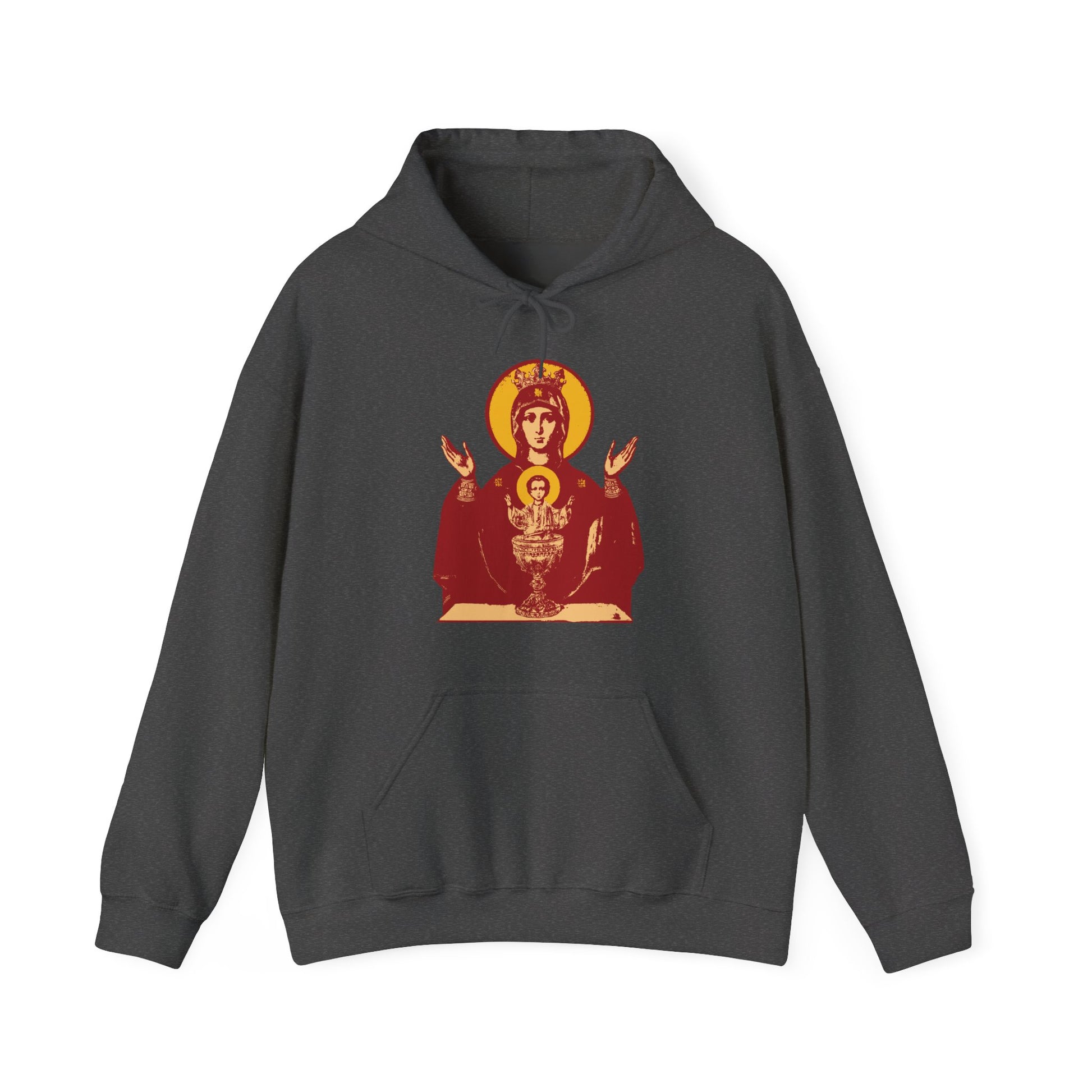 Dark Heather hoodie with a vivid red and gold Holy Theotokos IconoGraphic of the Inexhaustible Chalice on the front; Deliverer from Addictions, Conquer Passions—Orthodox Christian design.