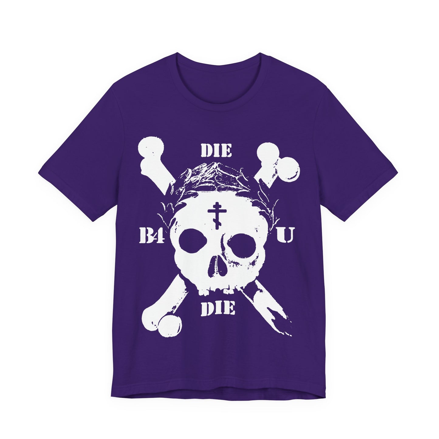 Team Purple "Die Before You Die" Retro Skull & Crossbones T-shirt features an Orthodox Cross, laurel victory wreath, and bold Memento Mori design—an ascetic Christian call to self-denial inspired by Matthew 16:24-25.