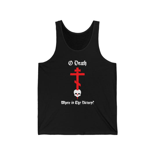 The "O Death Where is Thy Victory? 1 Cor 15:55" black tank features a red Orthodox cross stabbing a white skull and spraypaint-style text, inspired by 1 Corinthians and the promise of victory over death.