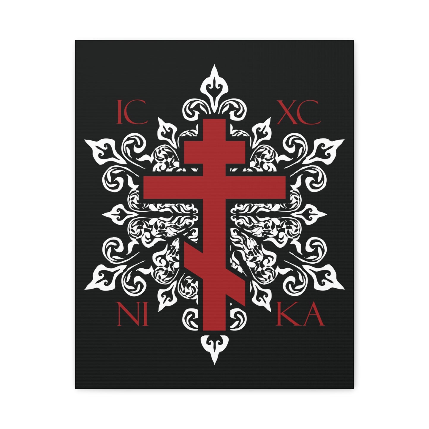 ICXC / NIKA Red Orthodox Cross on Ornate White Medieval Floral Design | Exclusive Best-Selling | Orthodox Christian Canvas Art