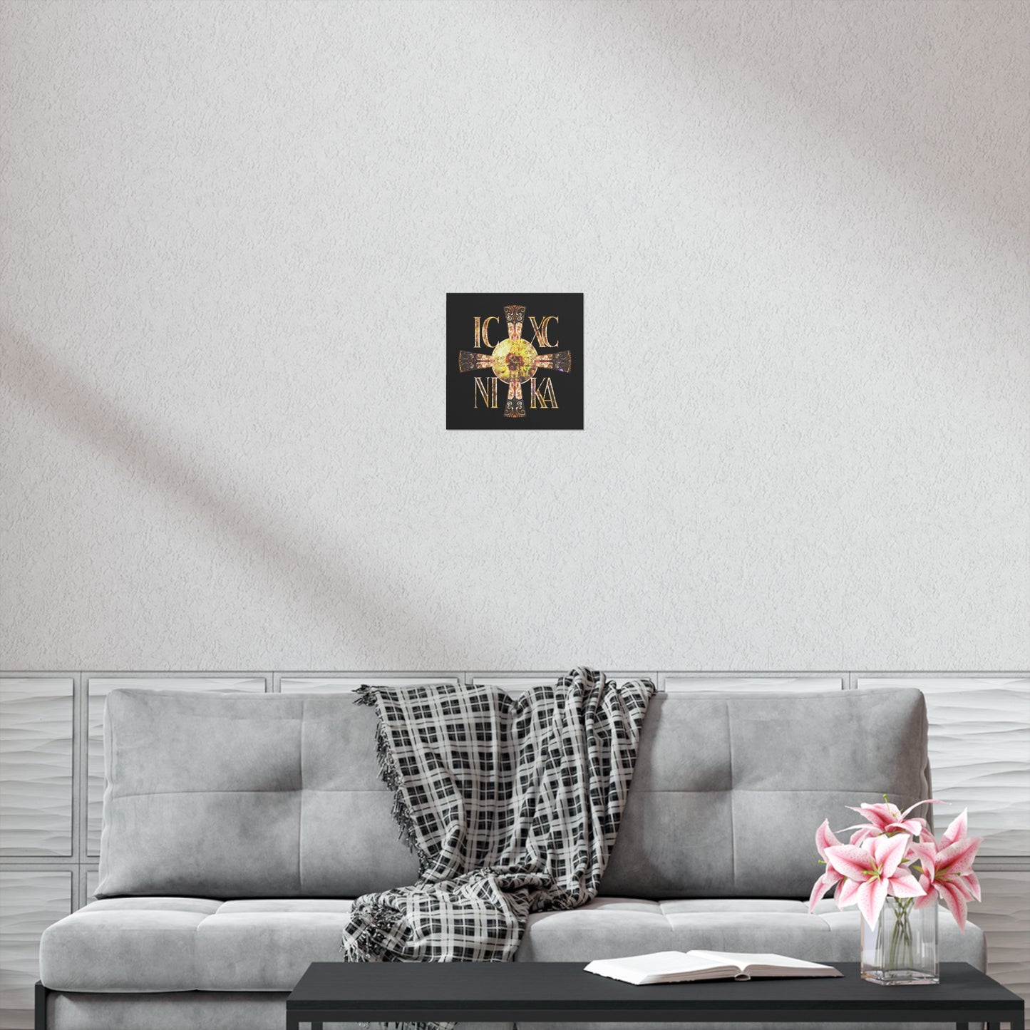 ICXC NIKA Celtic Style Equal Armed Cross | Bright Solar Texture | Orthodox Christian Art Poster