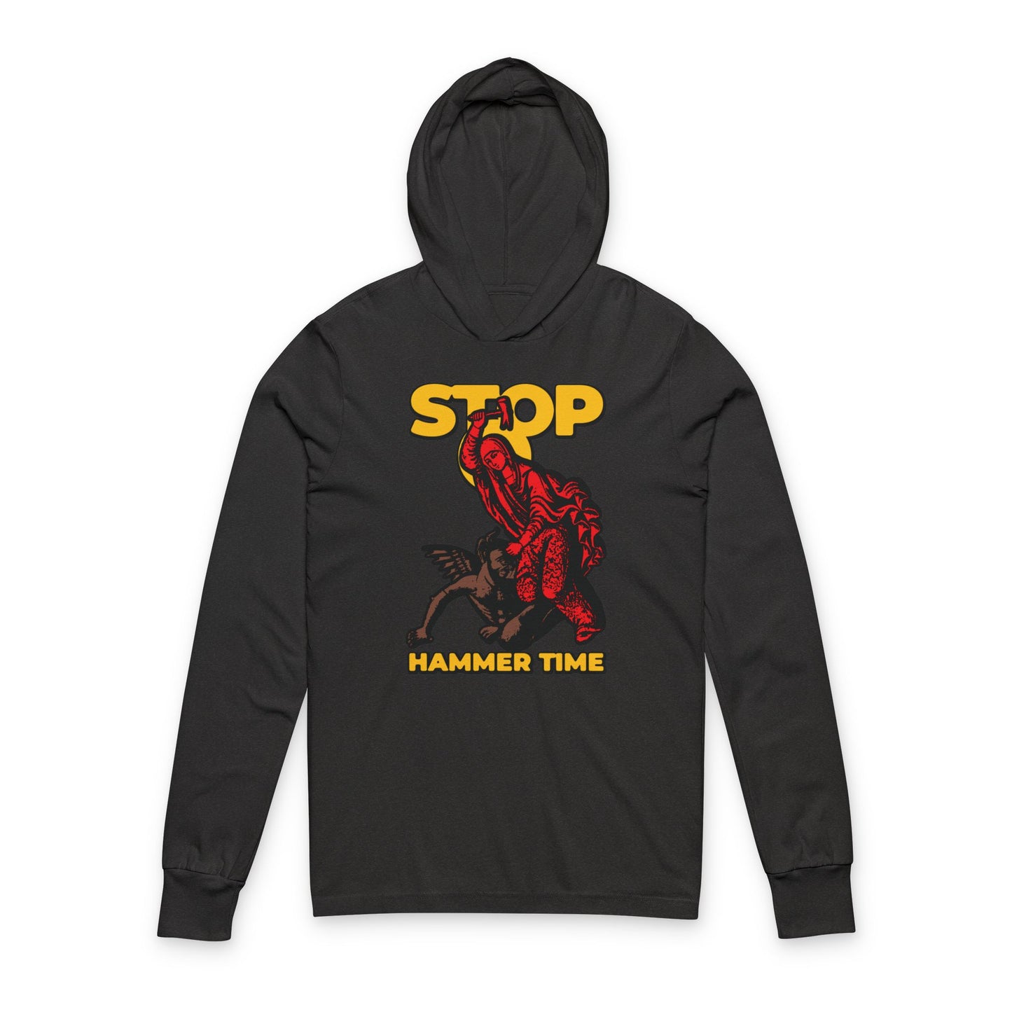 Black hoodie featuring "Stop, Hammer Time" and a graphic of St Marina of Antioch beating the devil with a hammer in bold red, blue, and yellow. Modern Orthodox meme style Christian hooded shirt.