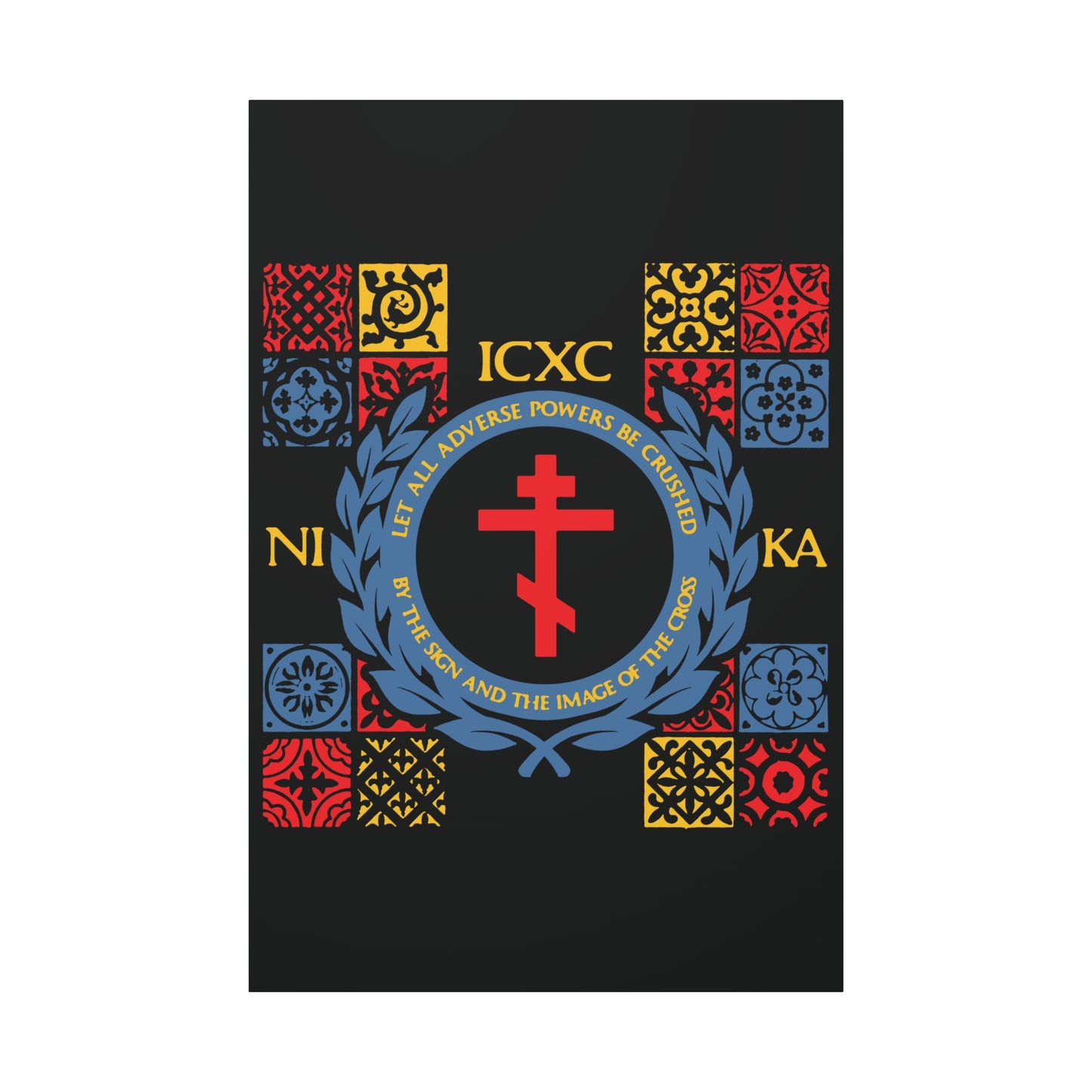 Let All Adverse Powers Be Crushed (Red, Yellow & Blue Design) | ICXC NIKA | Medieval Tile Design | Orthodox Christian Canvas Art
