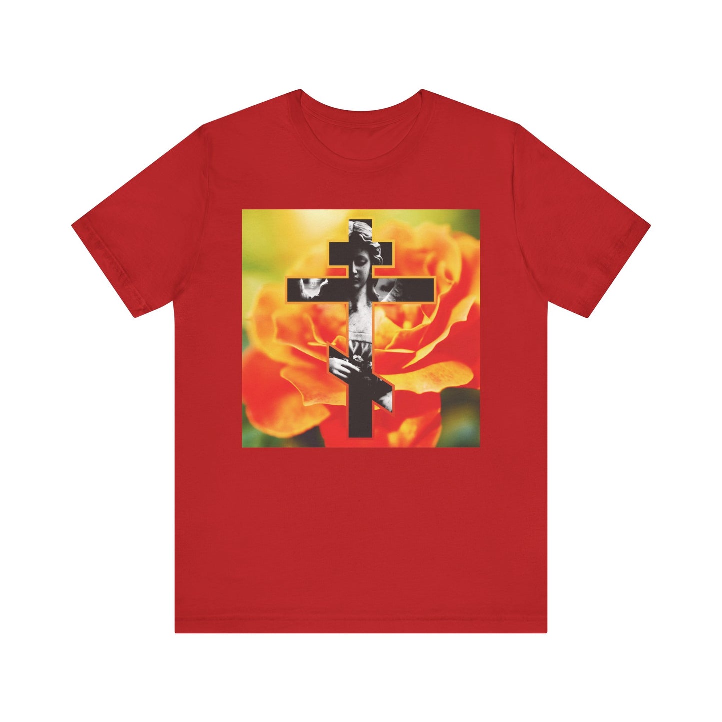 Red cotton unisex tee featuring a Cemetery Statue Angel Cross on an orange rose with "Remember You Will Die" (Memento Mori), inspired by Orthodox Christian faith.