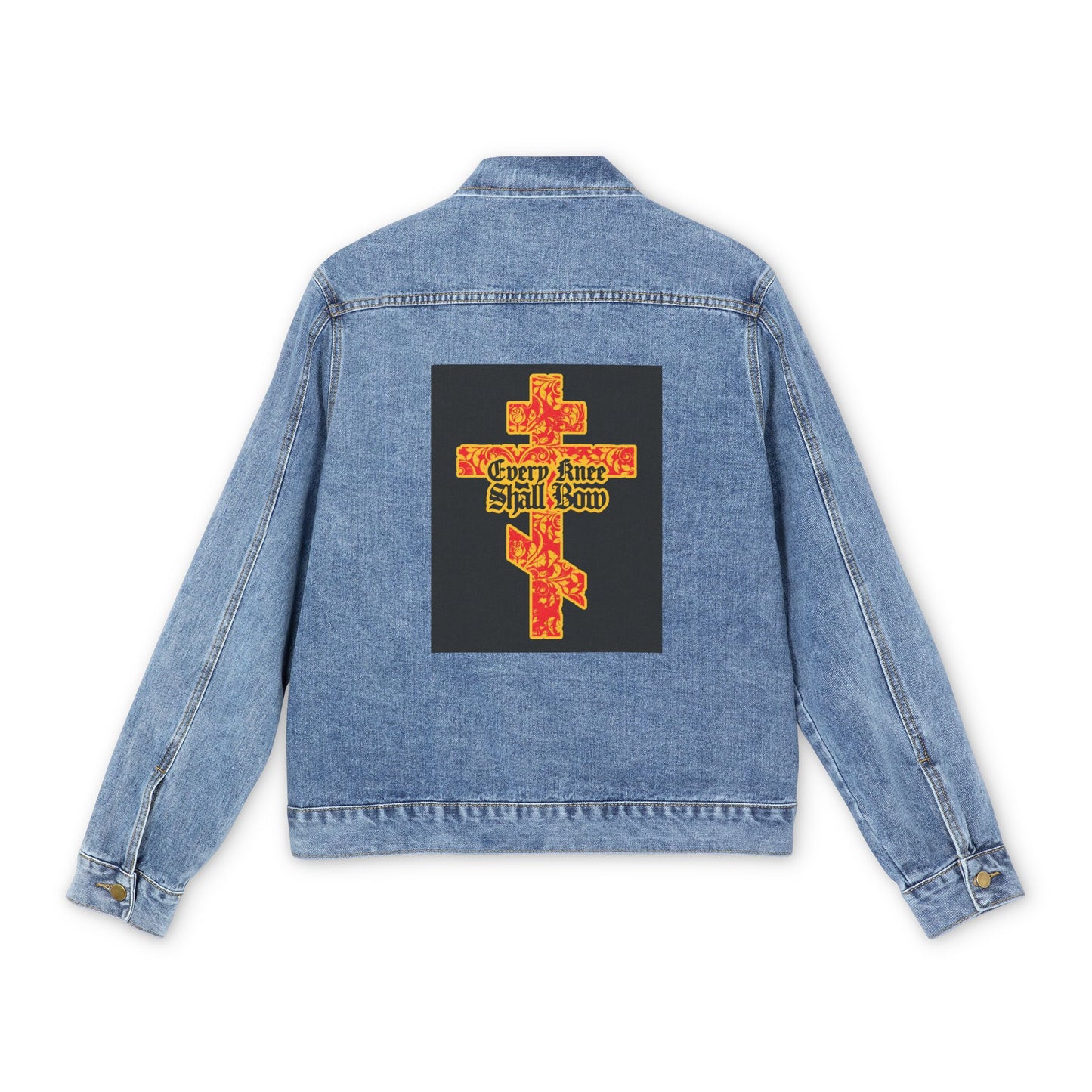 Light blue Christian jean jacket with a gold and red floral Orthodox cross and “Every Knee Shall Bow” (Isaiah 45:22-24, Phil 2:7-11) in Gothic lettering on the back, declaring Jesus Christ is Lord.