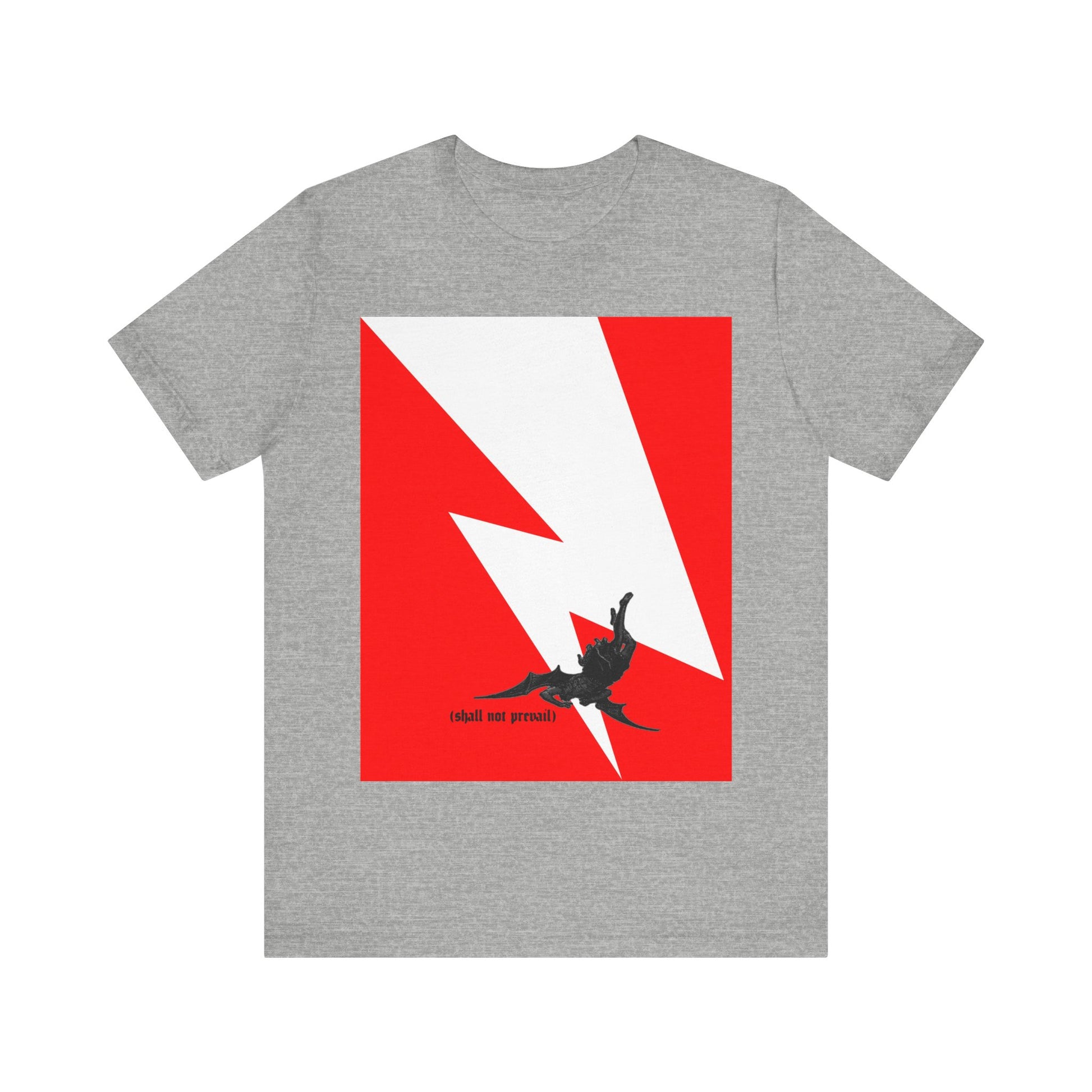 Athletic Heather tee featuring a minimalist red and white lightning bolt, black animal silhouette, and "shall not prevail"—inspired by Luke 10:18. Orthodox Christian cotton shirt with a bold nod to pride and defiance.