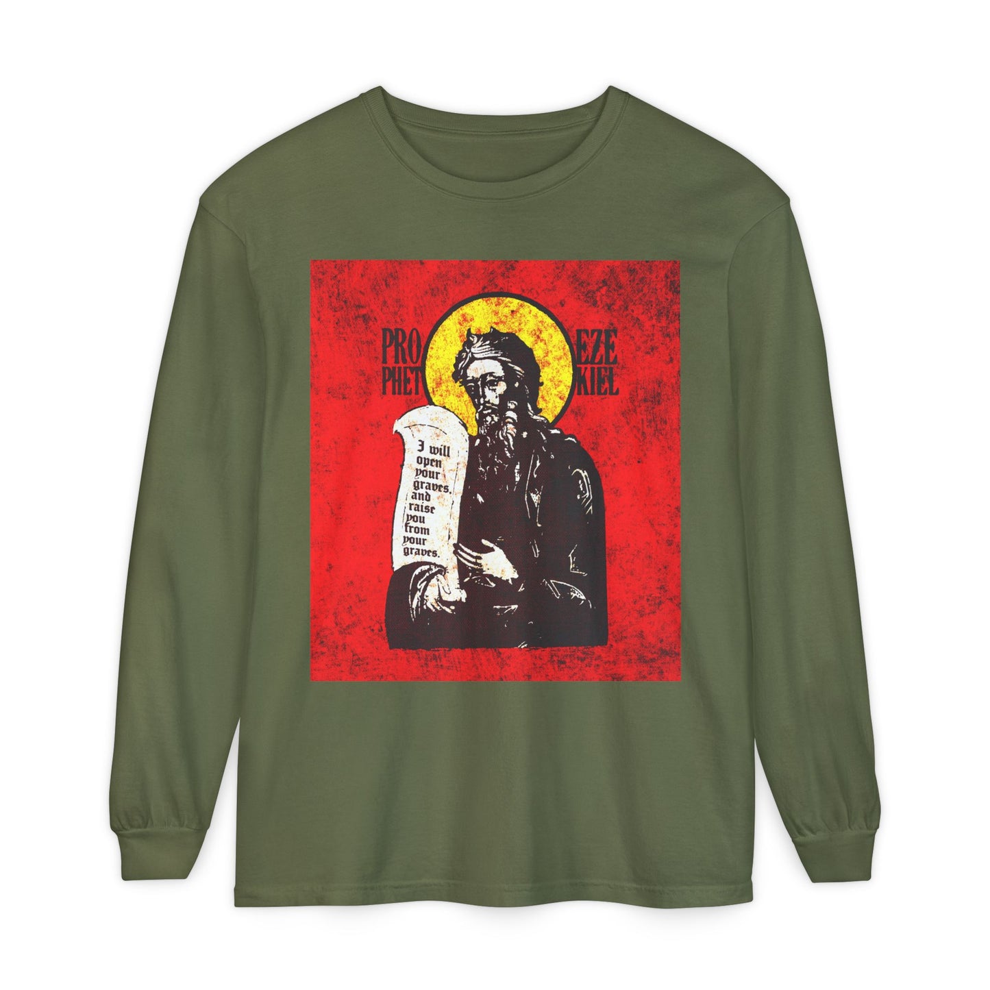Prophet Ezekiel IconoGraphic | Textured, High Contrast Bright Red and Yellow Design | Old Testament | Orthodox Christian Long Sleeve Shirt
