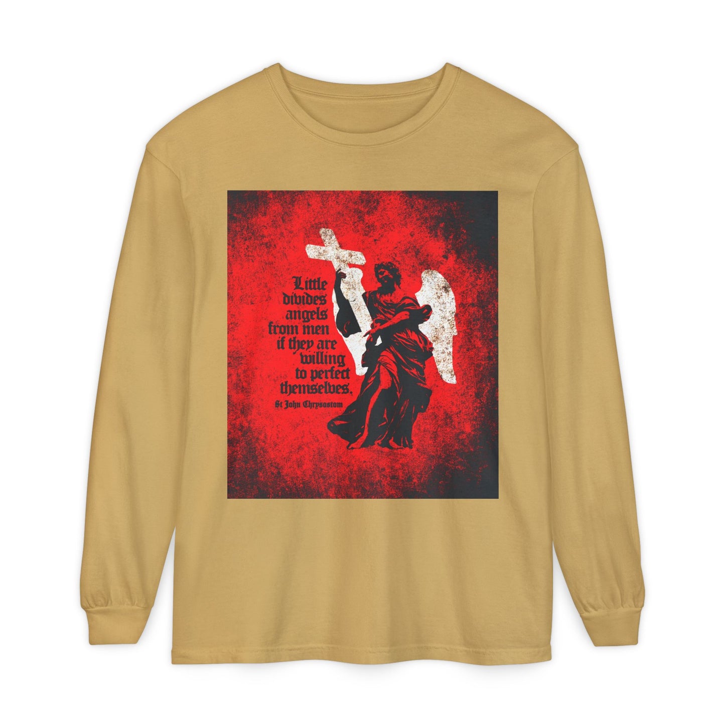 Little Divides Angels from Men | Christian Perfection | St John Chrysostom | Textured Cemetery Angel | Orthodox Christian Long Sleeve Shirt