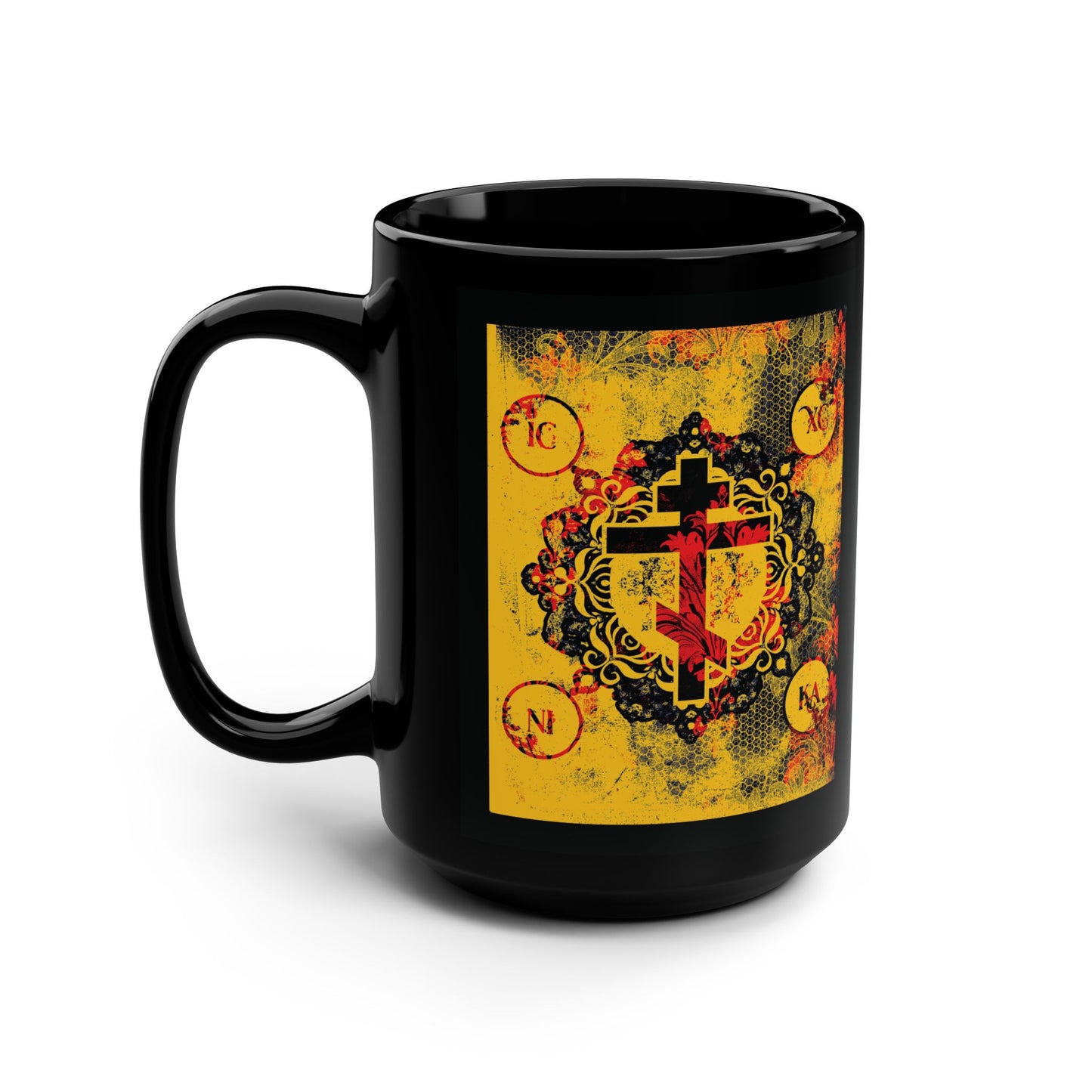 IC XC NIKA Orthodox Cross | Yellow & Red Modern & Medieval Textured Floral Design | Orthodox Christian Black Mug