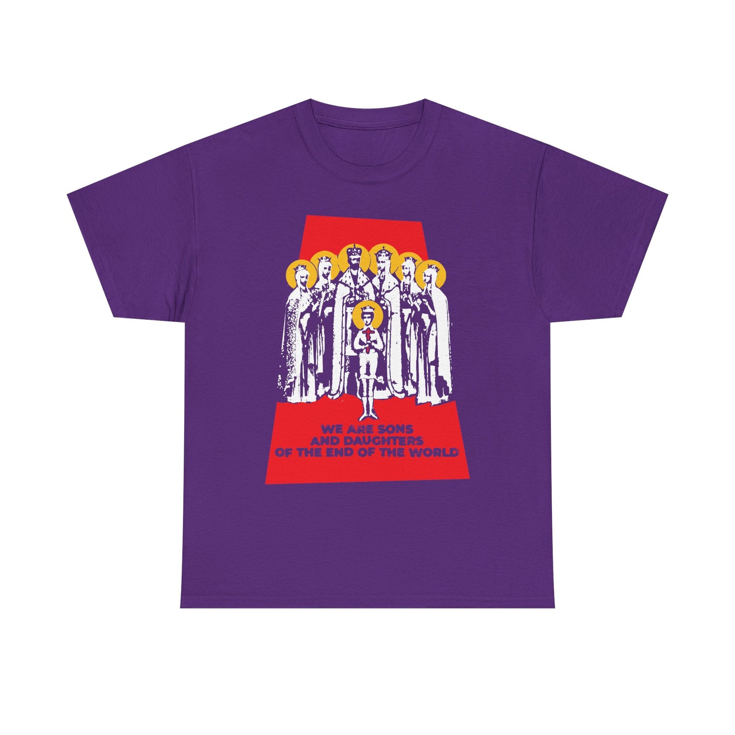Purple "We Are Sons and Daughters of the End of the World (Royal Martyrs of Russia)" Orthodox midweight cotton unisex tee, featuring religious figures and red text—a reminder to stand united as the Body of Christ with inspiration from the Romanov saints.