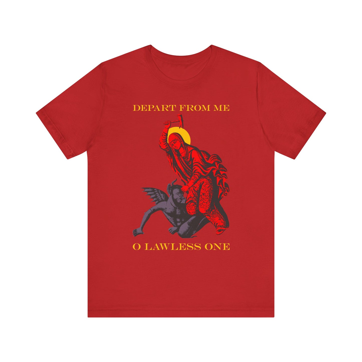 Red St Marina IconoGraphic tee shows a saint beating the devil with a hammer and the text “DEPART FROM ME O LAWLESS ONE” in yellow, inspired by Saint Marina. Lightweight cotton, unisex fit.