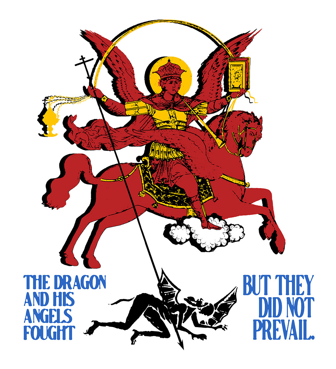 Archangel Michael of the Apocalypse IconoGraphic (Revelation 12:7-8) | Red Angel and Horse on Transparent Background | Blue Lettering | Orthodox Christian Cotton Long Sleeve Shirt