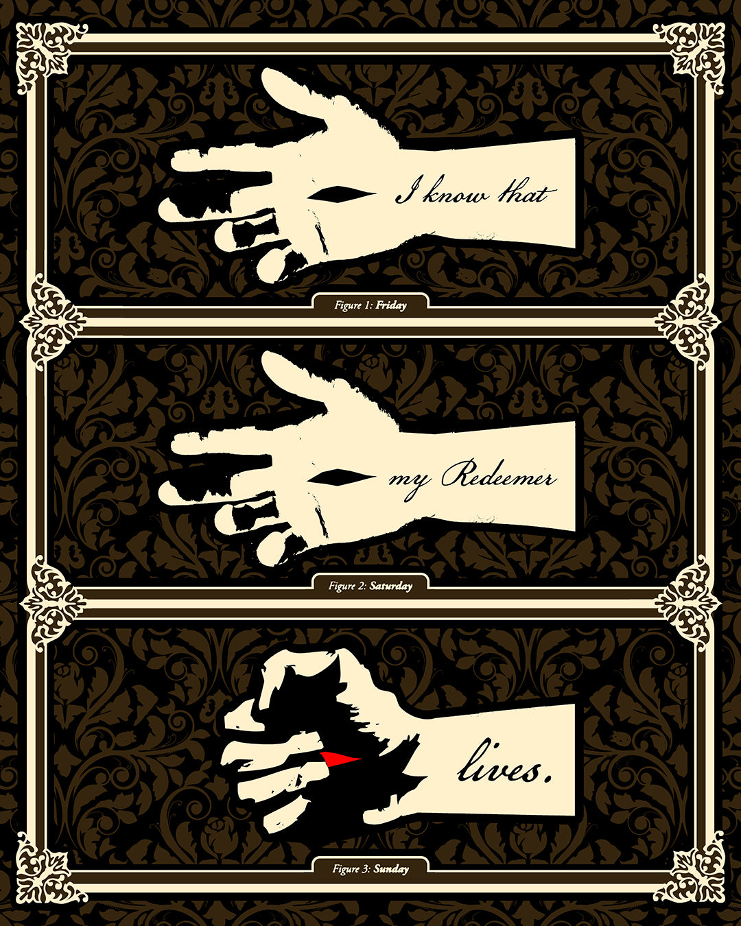 Three illustrated hands labeled Friday, Saturday, Sunday with “I Know That My Redeemer Lives”—this earthtone Orthodox Christian hoodie features the Crucified Christ and symbolizes hope and resurrection.