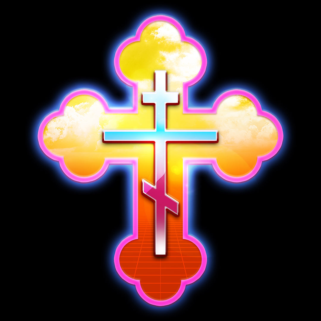 80s Synthwave Retrowave Outrun Aesthetic | Glowing & Reflective Gold & Red Three-Bar Cross | Orthodox Christian Jersey Tank Top / Sleeveless Shirt-Remembrance of Death