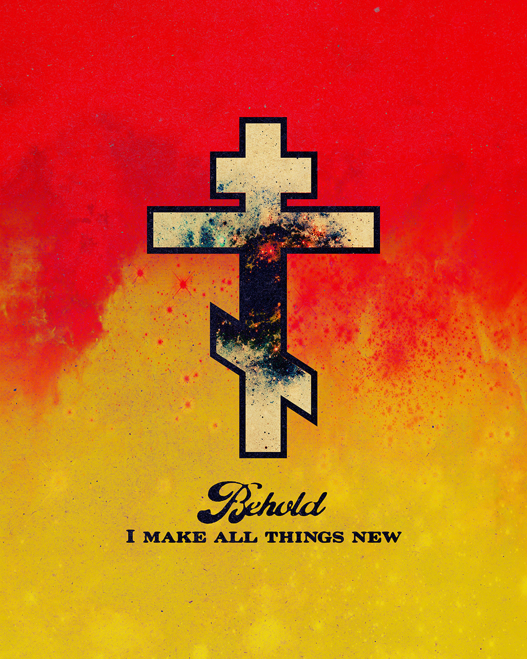 A cosmic Orthodox cross on a red and yellow background with the quote "Behold, I Make All Things New" (Rev 21:5) is featured on this Orthodox Christian cotton T-shirt.