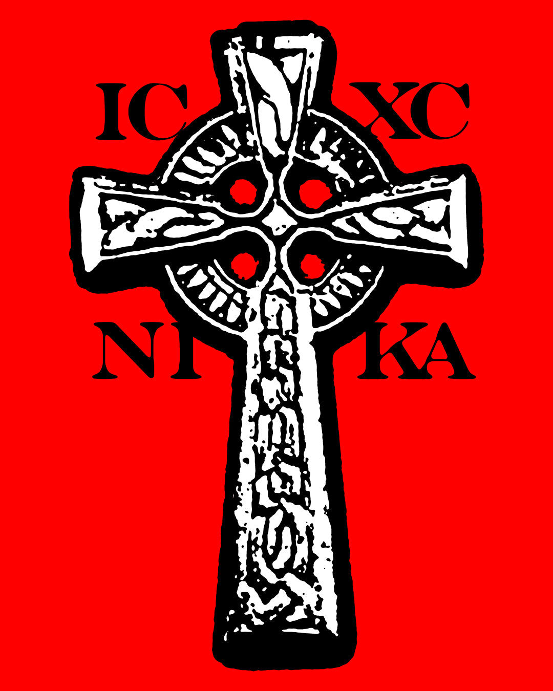 The ICXC NIKA Celtic Knotwork Cross Tank Top showcases a bold black and white cross with Greek letters on a vivid red background, symbolizing "Jesus Christ Conquers" in traditional Orthodox Christian style.