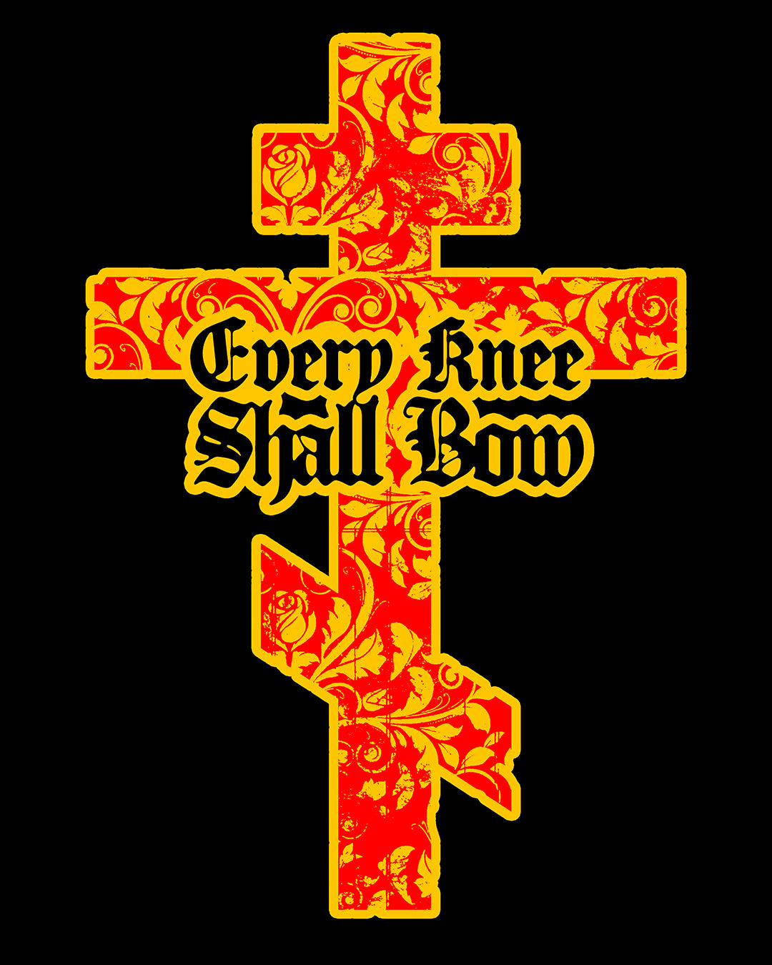 The Every Knee Shall Bow Christian Hooded Shirt features a gold and red floral Orthodox cross with black gothic lettering, referencing Isaiah 45:22-24 and Phil 2:7-11, and proclaiming Jesus Christ is Lord.