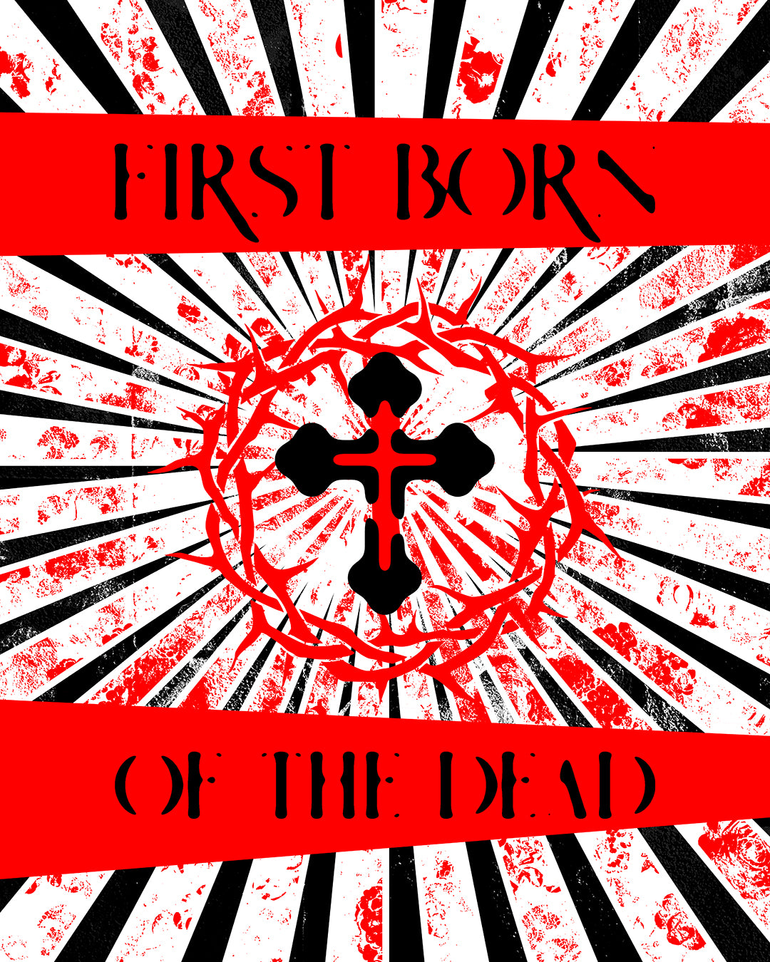 First Born of the Dead | Orthodox Cross and Crown of Thorns | Red White and Black Textured Design with Rays | Orthodox Christian Long Sleeve Shirt