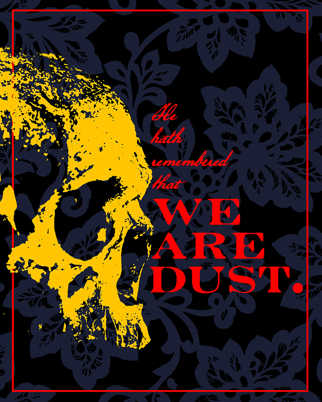 We Are Dust | Ps. 102/103 LXX—Orthodox Christian hoodie features a yellow skull on a blue floral background with red text: a gothic, memento mori design reflecting the Lord’s mercy.