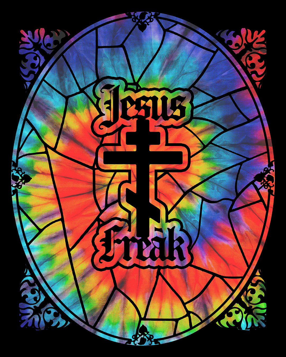 Jesus Freak Christian Hoodie: Tie-dyed stained glass window design with an Orthodox cross, inspired by the bold 70s Jesus Movement hippie style.