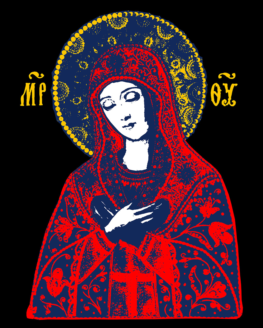 Joy of All Joys Tenderness Theotokos Iconographic Based on Traditional Orthodox Iconography | Red Design | Orthodox Christian Blue Denim Jacket