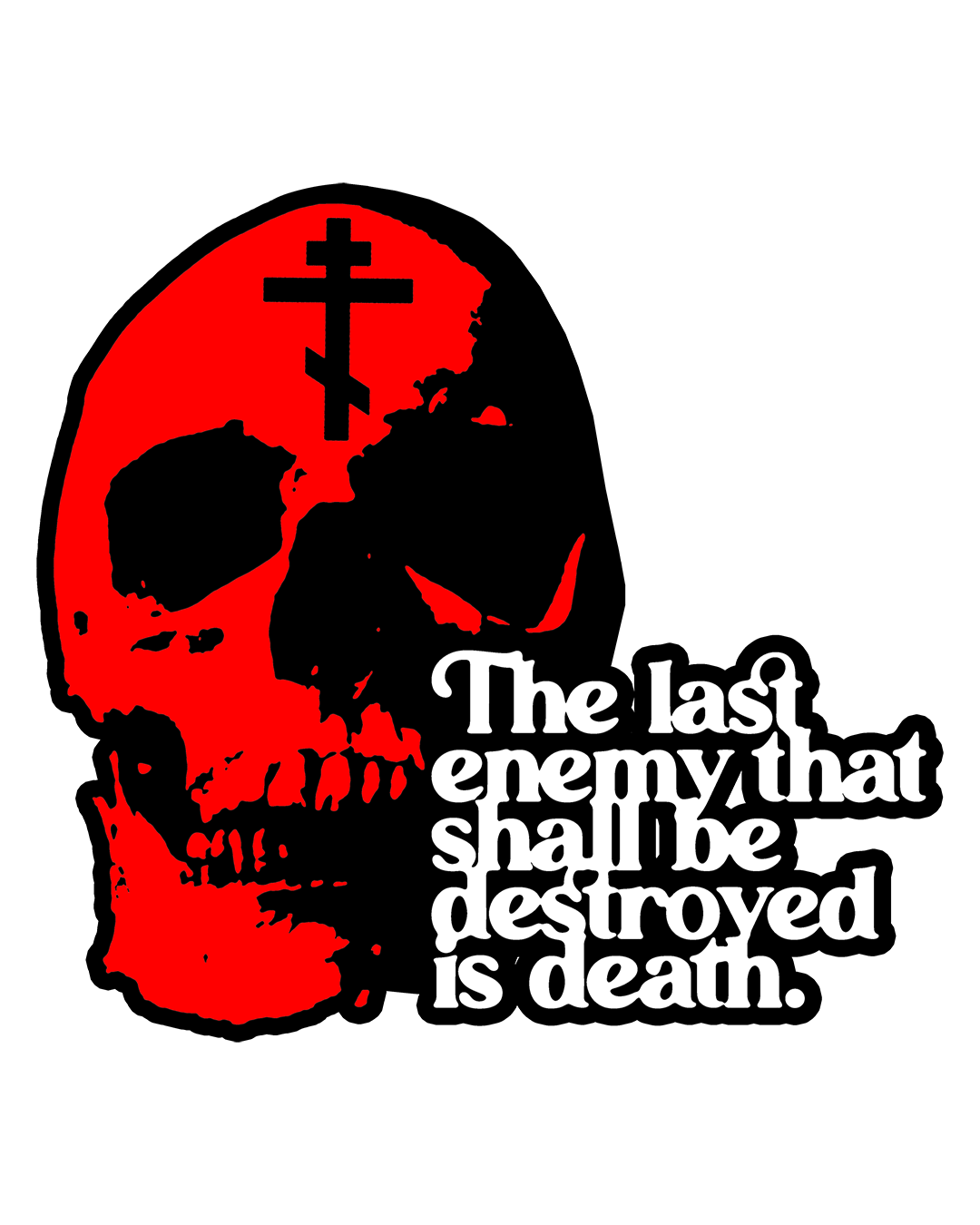 A blue denim jacket featuring a red skull with a black cross on yellow, and the phrase "The Last Enemy That Shall Be Destroyed (1 Corinthians 15:26)"; an Orthodox Christian design referencing resurrection.
