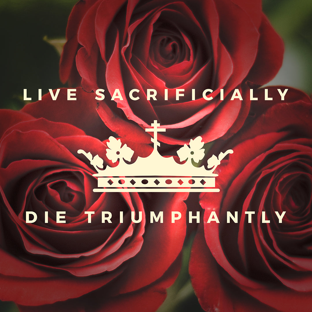 A high-quality Bella+Canvas 3001 t-shirt, featuring three red roses and a crown overlay with the text Live Sacrificially, Die Triumphantly, crafted from soft Airlume cotton.
