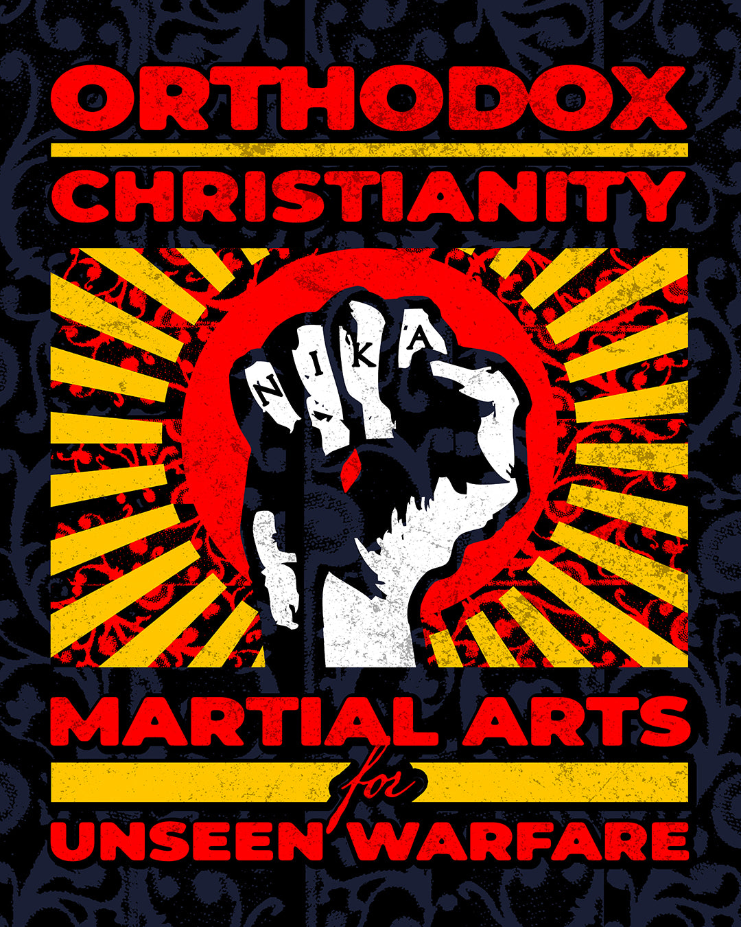 Orthodox Christianity: Martial Arts for Unseen Warfare | NIKA Jesus Fist on Colorful Sunburst Design | Orthodox Long Sleeve Hooded Shirt