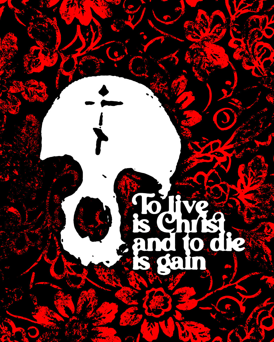To Live is Christ To Die is Gain (Phil 1:21) | Skull with Cross on Red Floral Texture | Orthodox Long Sleeve Hooded Shirt