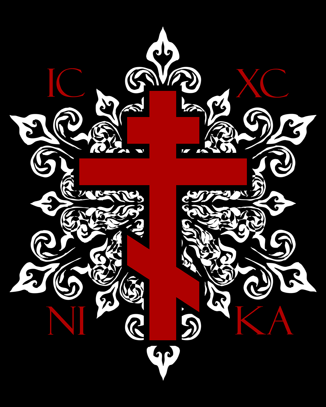 ICXC / NIKA Red Orthodox Cross on Ornate White Medieval Floral Design | Exclusive Best-Selling Orthodox Christian T-Shirt