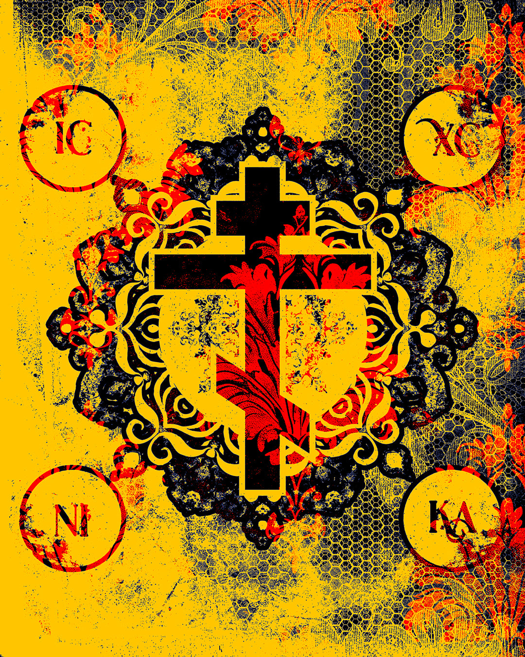 IC XC NIKA Orthodox Cross | Yellow & Red Modern & Medieval Textured Floral Design | Orthodox Christian Hoodie