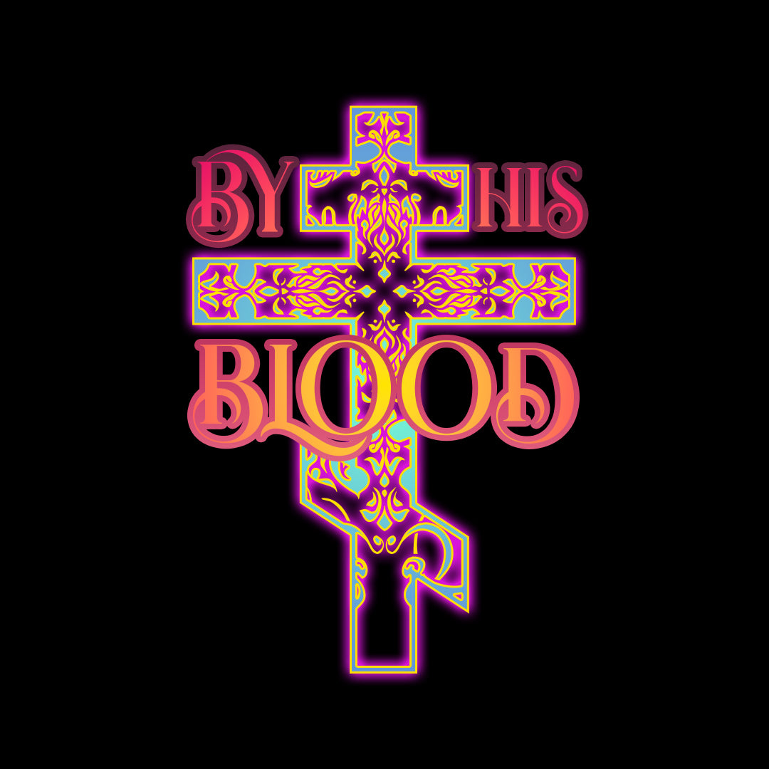 "By His Blood" Glowing, Ornate Colorful Three-Bar Cross Design | Orthodox Christian T-Shirt