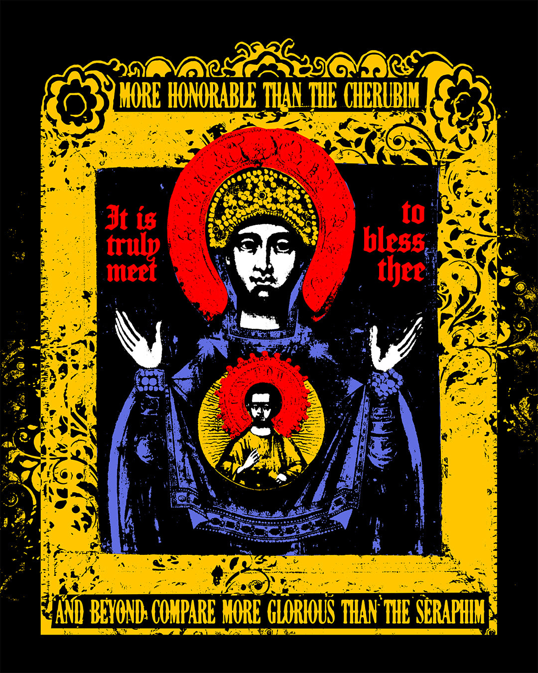 It is Truly Meet To Bless Thee Iconographic | Axion Estin Hymn to the Mother of God Theotokos | Orthodox Christian Blue Denim Jacket