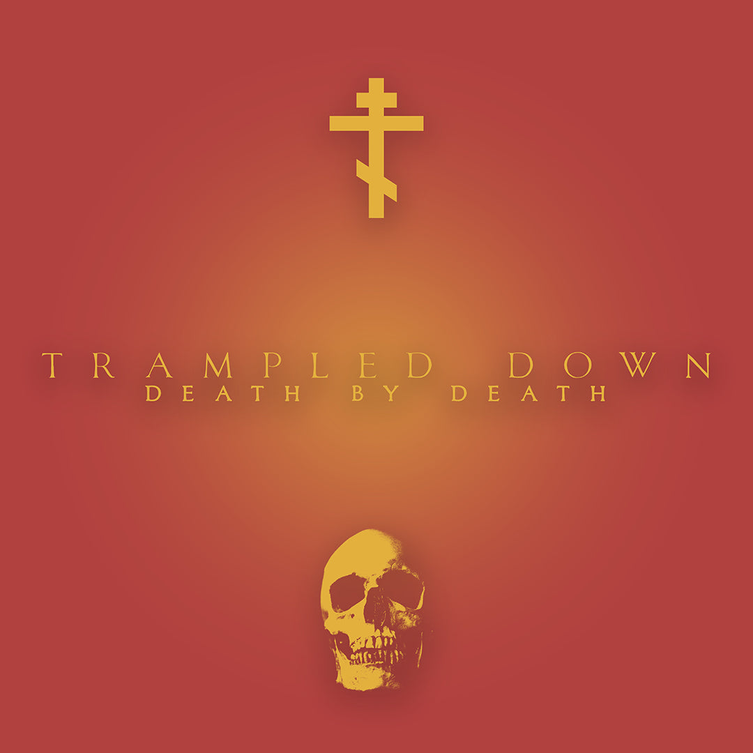 Trampled Down Death By Death | Pascha | Gold Cross and Skull on Red Background | Orthodox Christian T-Shirt