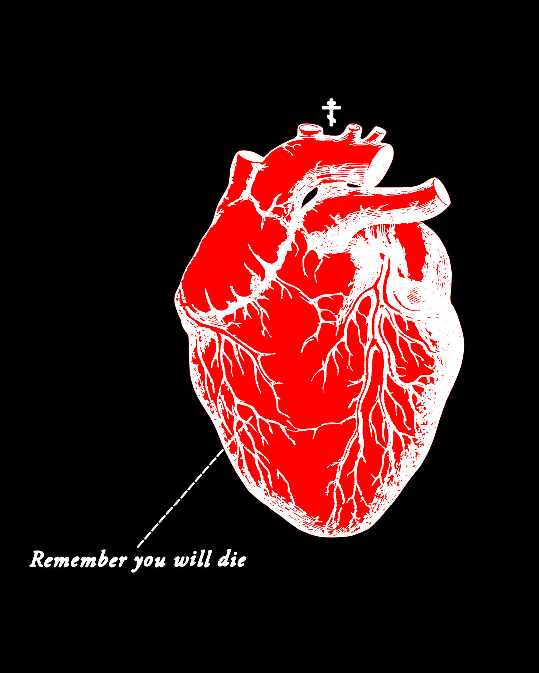 Featuring a red anatomical heart on a black background with a small white cross above, this unisex jersey tank top bears the text Remember you will die. Made from soft Airlume cotton, it ensures both comfort and style. Product Name: Remember You Will Die | Retro Medical Textbook Heart Design | Inverted Shadows | Orthodox Christian Tank Top.