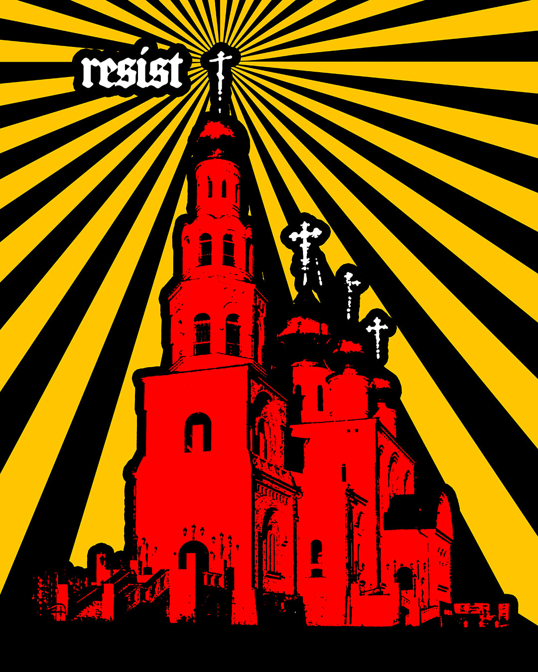 The "Resist (Orthodoxy Against the World) No. 1" Orthodox Christian Hoodie features a red church silhouette with crosses, a yellow and black sunburst, and the word "resist"—a bold call to stand firm in faith.