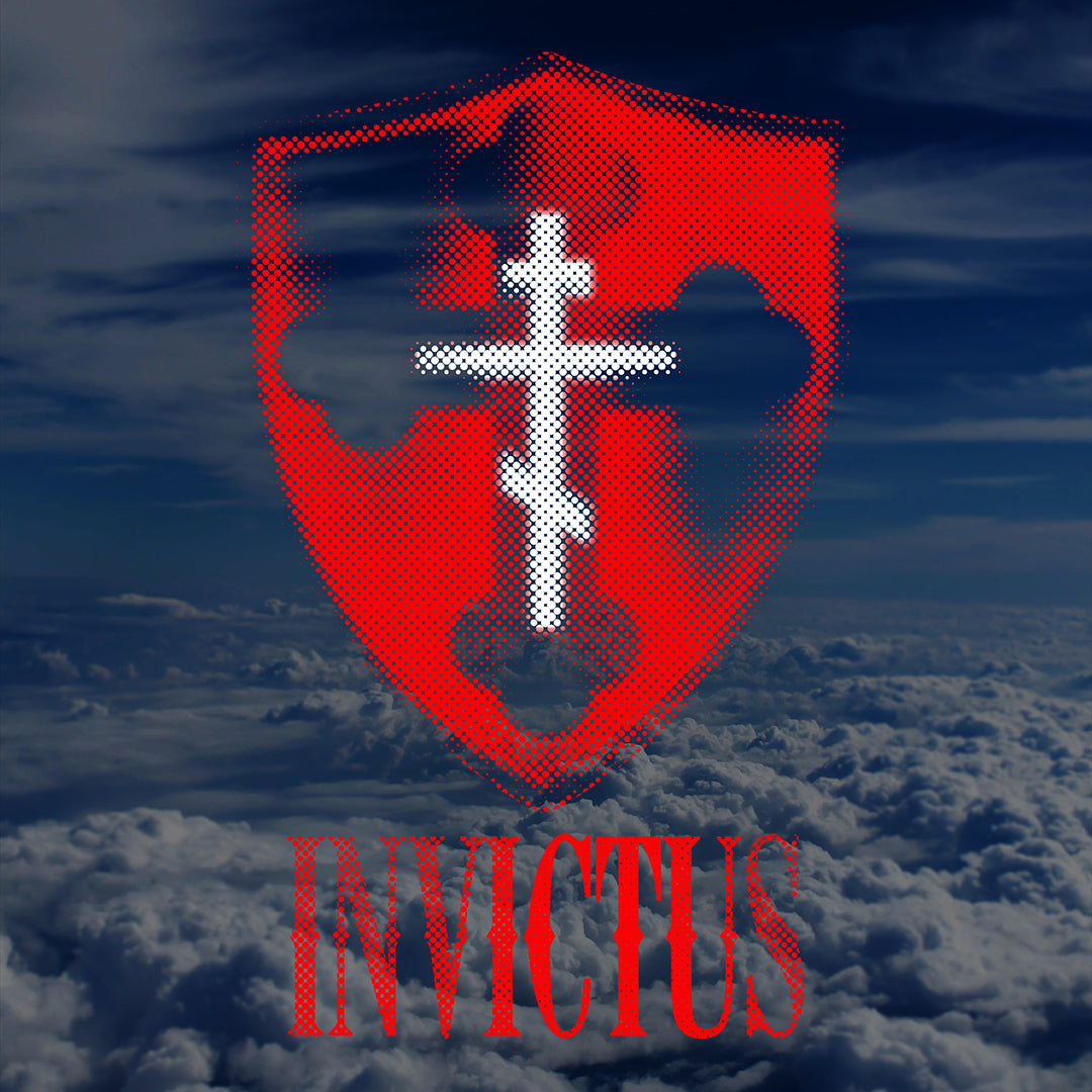 Invictus "Unconquered" | White Cross on Red Shield Over Clouds | Textured Halftone Design | Orthodox Christian T-Shirt
