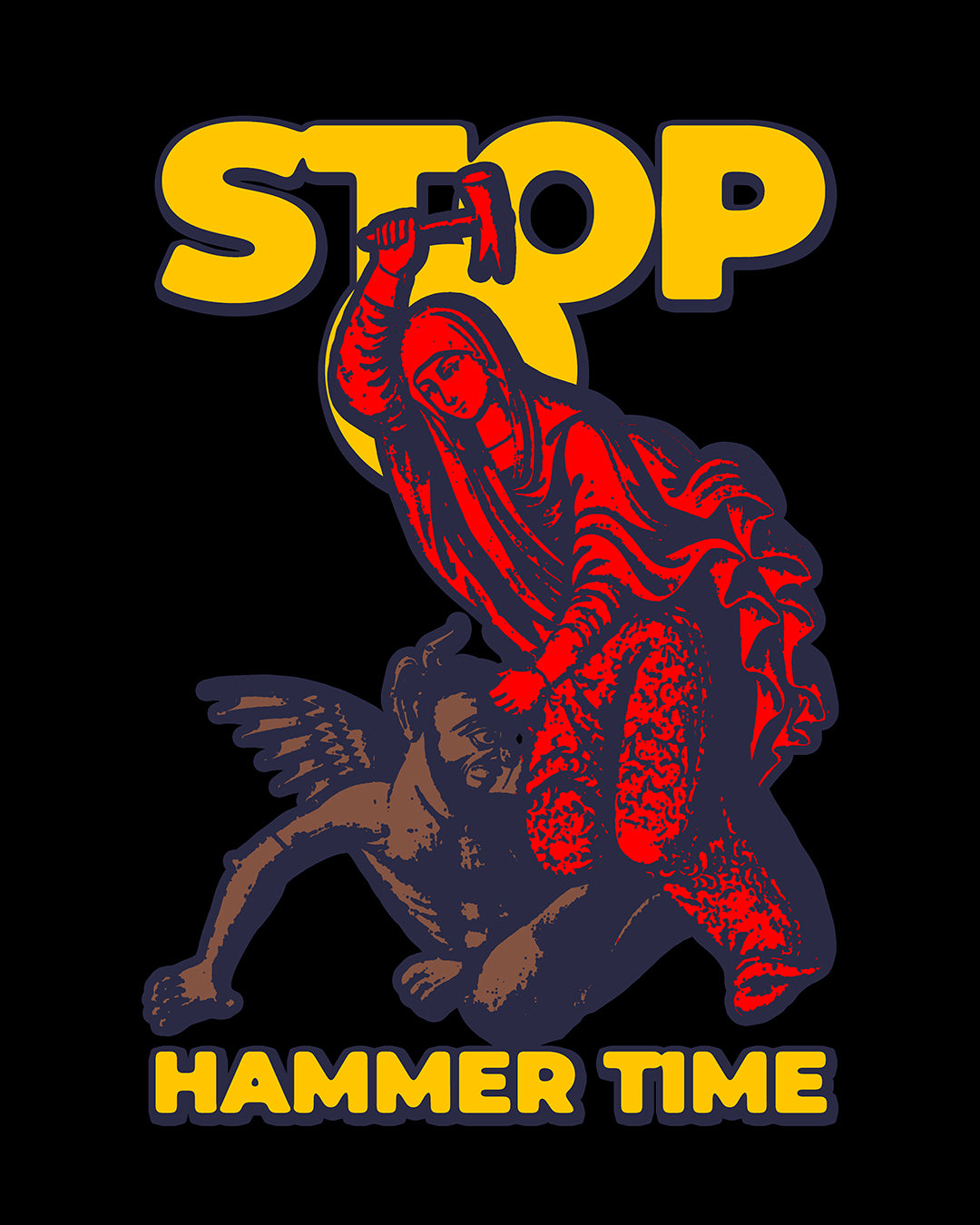 A red-robed figure inspired by St Marina of Antioch lifts a hammer over the phrase "STOP, HAMMER TIME" on a Christian hooded shirt, blending modern Orthodox meme style with bold red, blue, and yellow design.