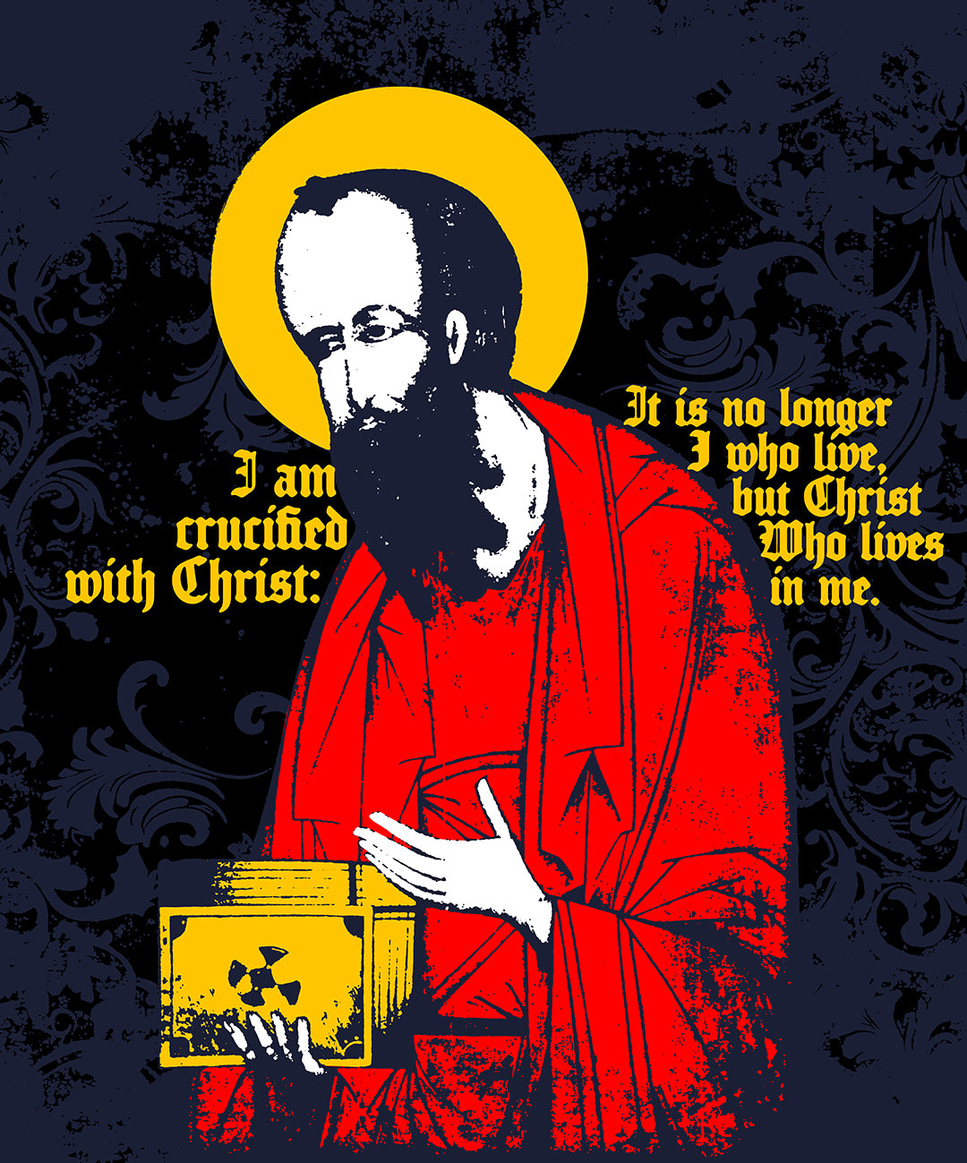 St Paul Holding Gospel Iconographic | I am crucified with Christ (Galatians 2:20) | Orthodox Long Sleeve Hooded Shirt