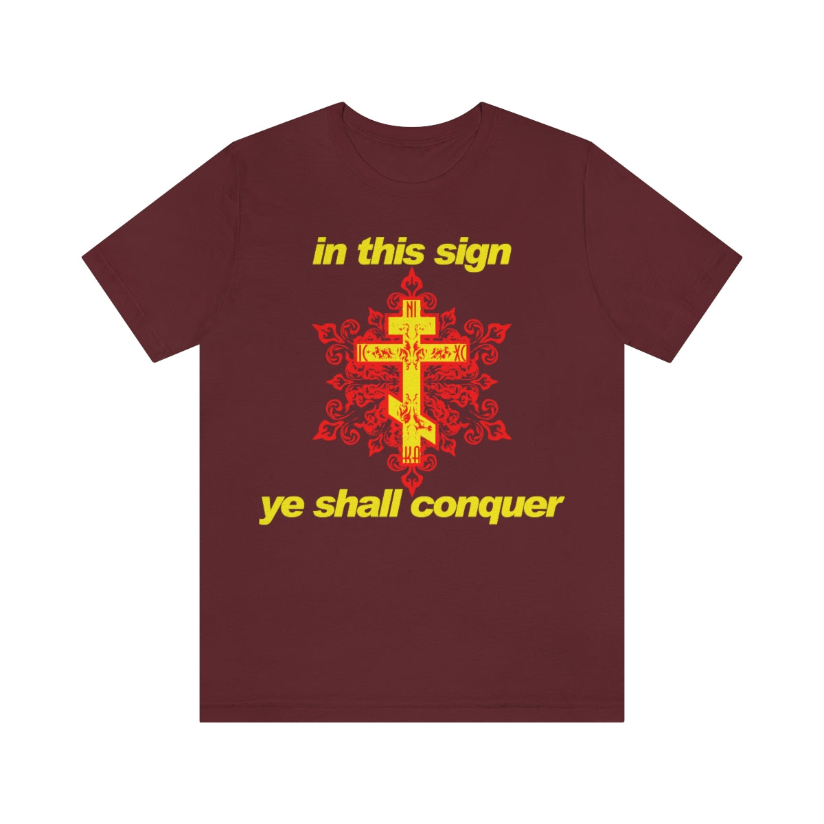 In This Sign Ye Shall Conquer | Gold and Red Orthodox Ornate Cross | Orthodox Christian T-Shirt