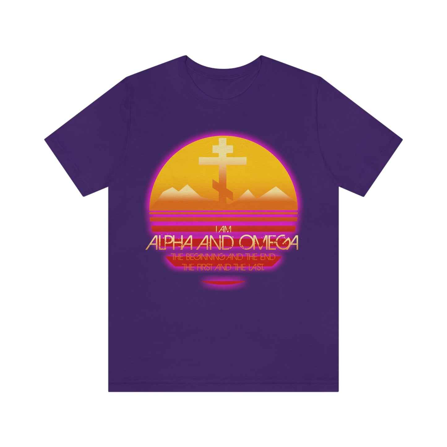 I am the Alpha & Omega (Revelation Revelation 22:13) | 80s Synthwave Orange & Magenta Setting Sun Design | Orthodox Christian T-Shirt