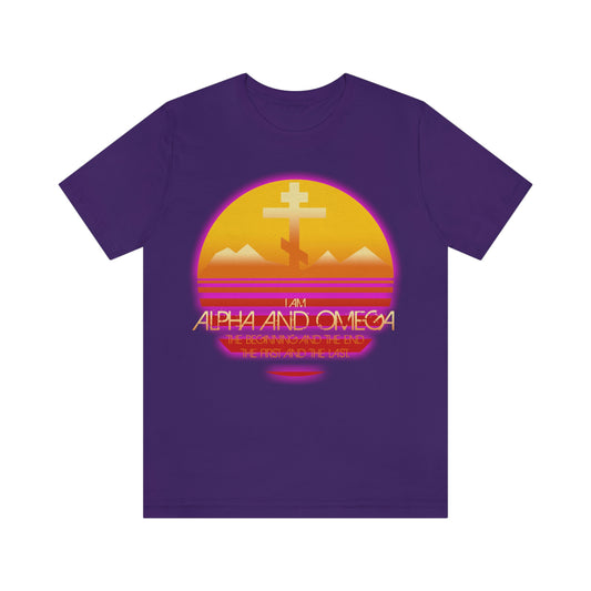I am the Alpha & Omega (Revelation Revelation 22:13) | 80s Synthwave Orange & Magenta Setting Sun Design | Orthodox Christian T-Shirt