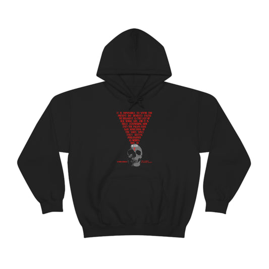Black "It is Impossible to Spend the Present Day No. 1" Orthodox Christian hoodie featuring a skull graphic and red text in an upside-down triangle above the skull—a striking, symbolic design.