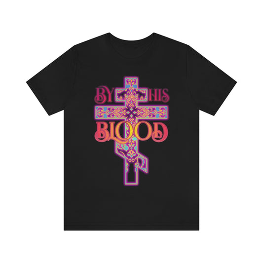 "By His Blood" Glowing, Ornate Colorful Three-Bar Cross Design | Orthodox Christian T-Shirt