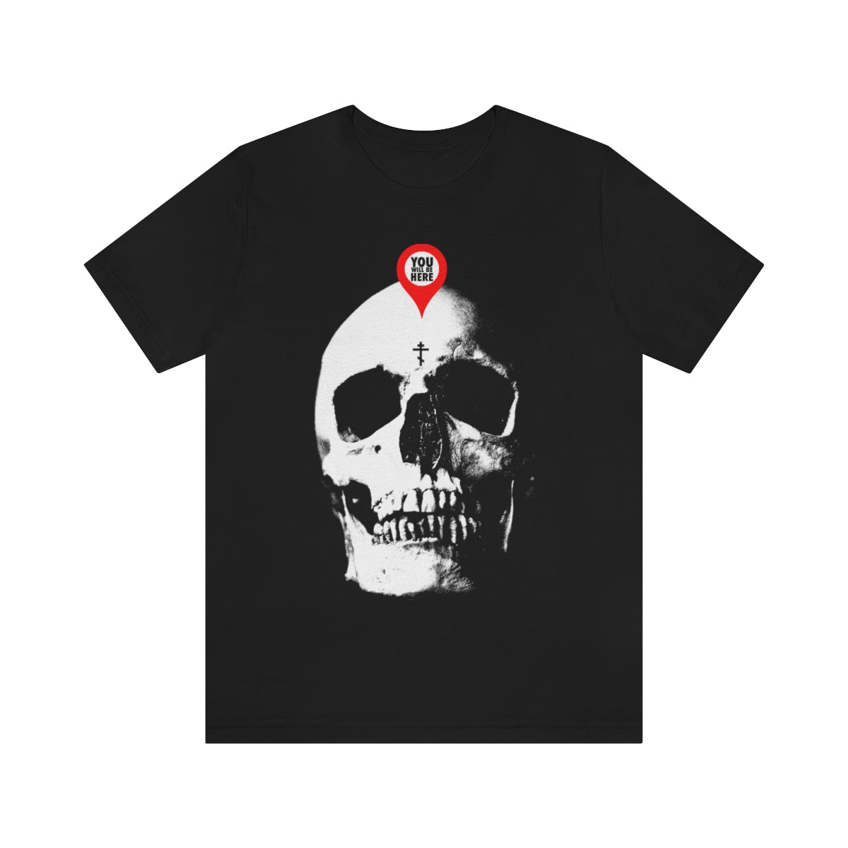 Black "You Will Be Here Maps Marker on Skull" Orthodox Christian T-shirt features a bold white skull with a red location pin, themed around death remembrance.